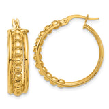 14k Yellow Gold Hoop Earrings with Beaded Design, Polished Finish, Classic Lightweight Style
