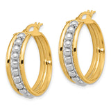 14k Two-Tone Gold Hoop Earrings, Yellow and White Gold Beaded Design, Polished Modern Style