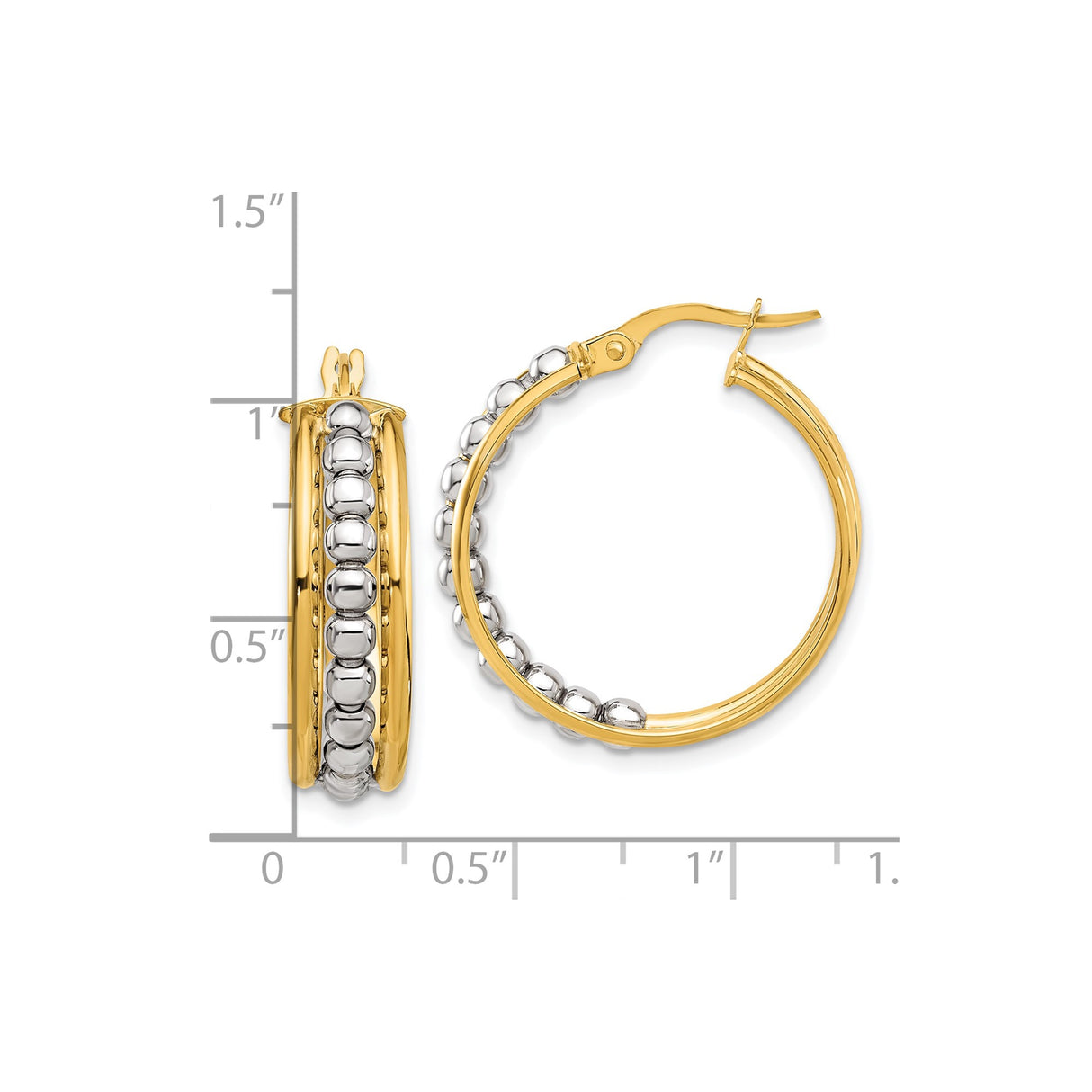 14k Two-Tone Gold Hoop Earrings, Yellow and White Gold Beaded Design, Polished Modern Style
