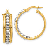 14k Two-Tone Gold Hoop Earrings, Yellow and White Gold Beaded Design, Polished Modern Style