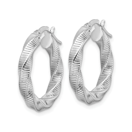 14k White Gold Twisted Hoop Earrings with Textured Ribbed Design, Modern Minimalist Style