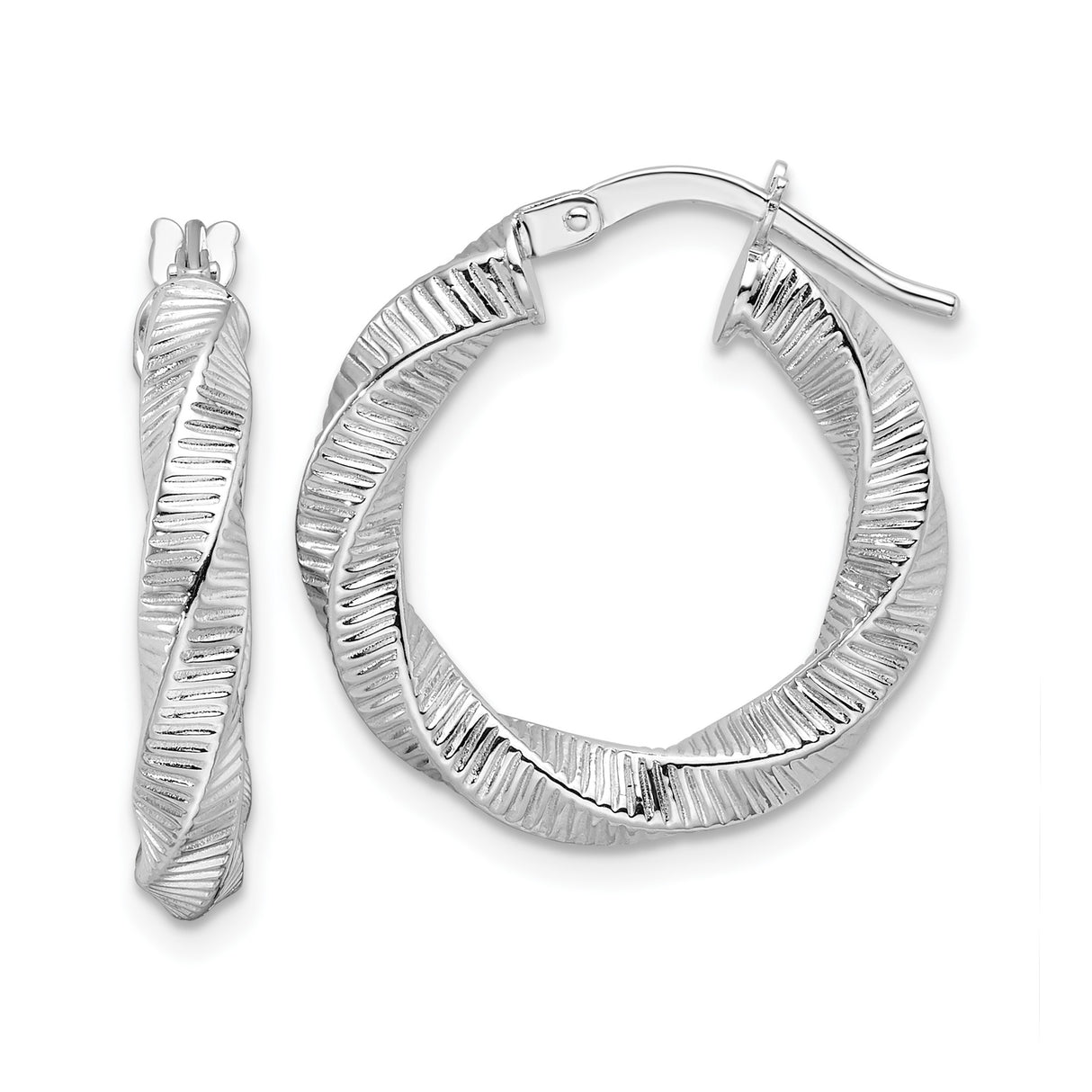 14k White Gold Twisted Hoop Earrings with Textured Ribbed Design, Modern Minimalist Style