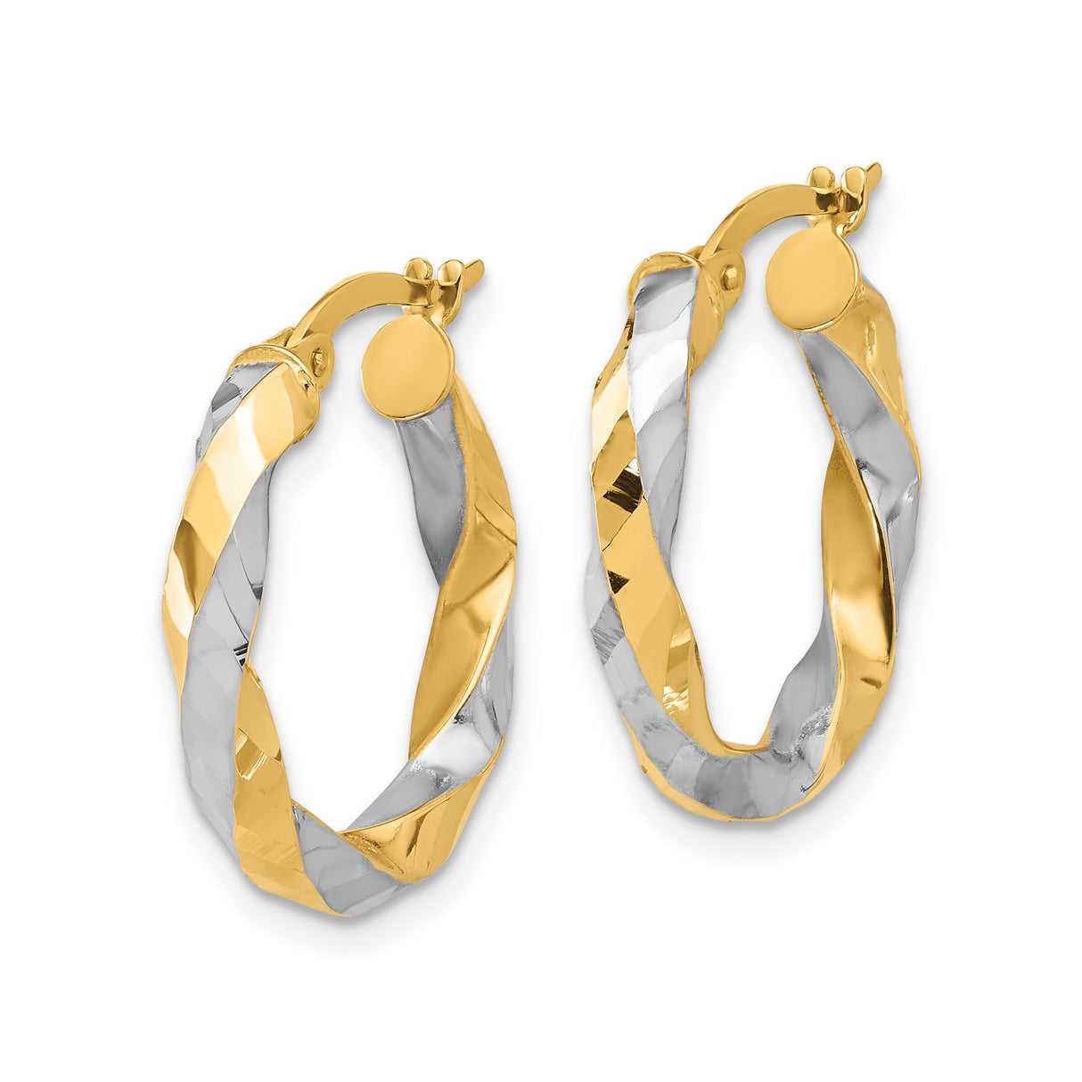 14k Yellow Gold Twisted Hoop Earrings, Two-Tone with Rhodium, Diamond-Cut Textured Finish