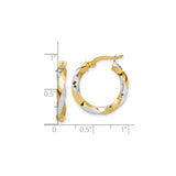 14k Yellow Gold Twisted Hoop Earrings, Two-Tone with Rhodium, Diamond-Cut Textured Finish