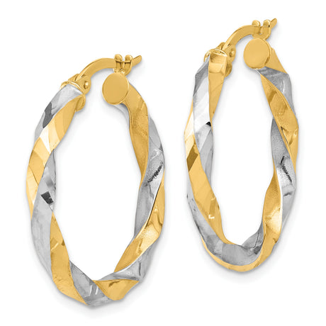 14K Two-Tone Gold Hoop Earrings, Twisted Design with Faceted Texture, Polished Finish