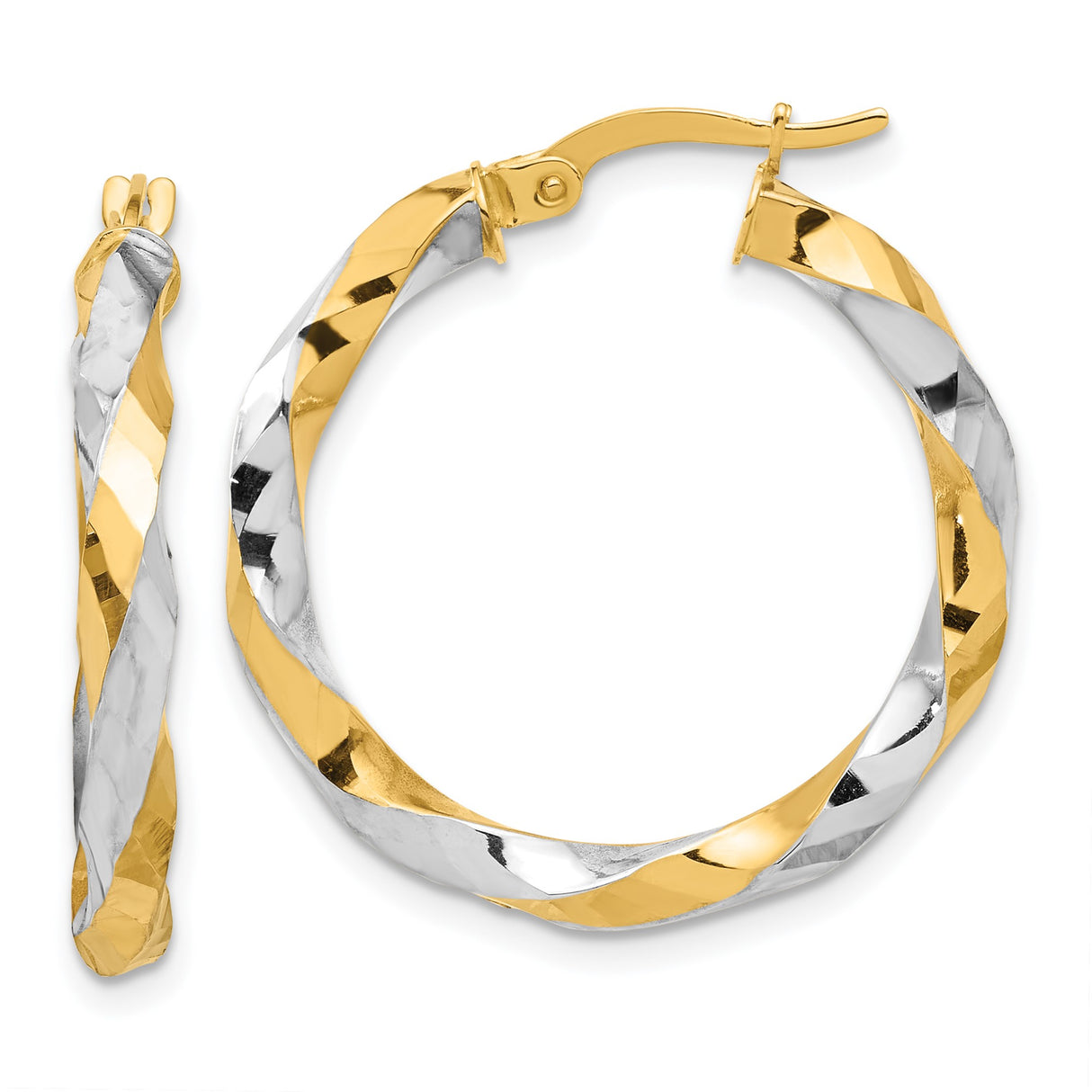 14K Two-Tone Gold Hoop Earrings, Twisted Design with Faceted Texture, Polished Finish