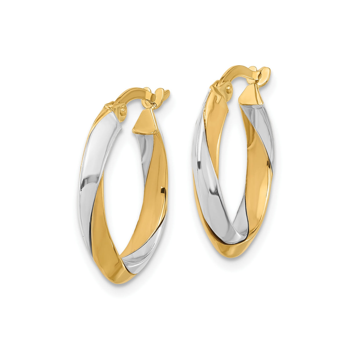 14k Yellow Gold Two Tone Hoop Earrings with Twisted Design, Lightweight Polished Style for Women