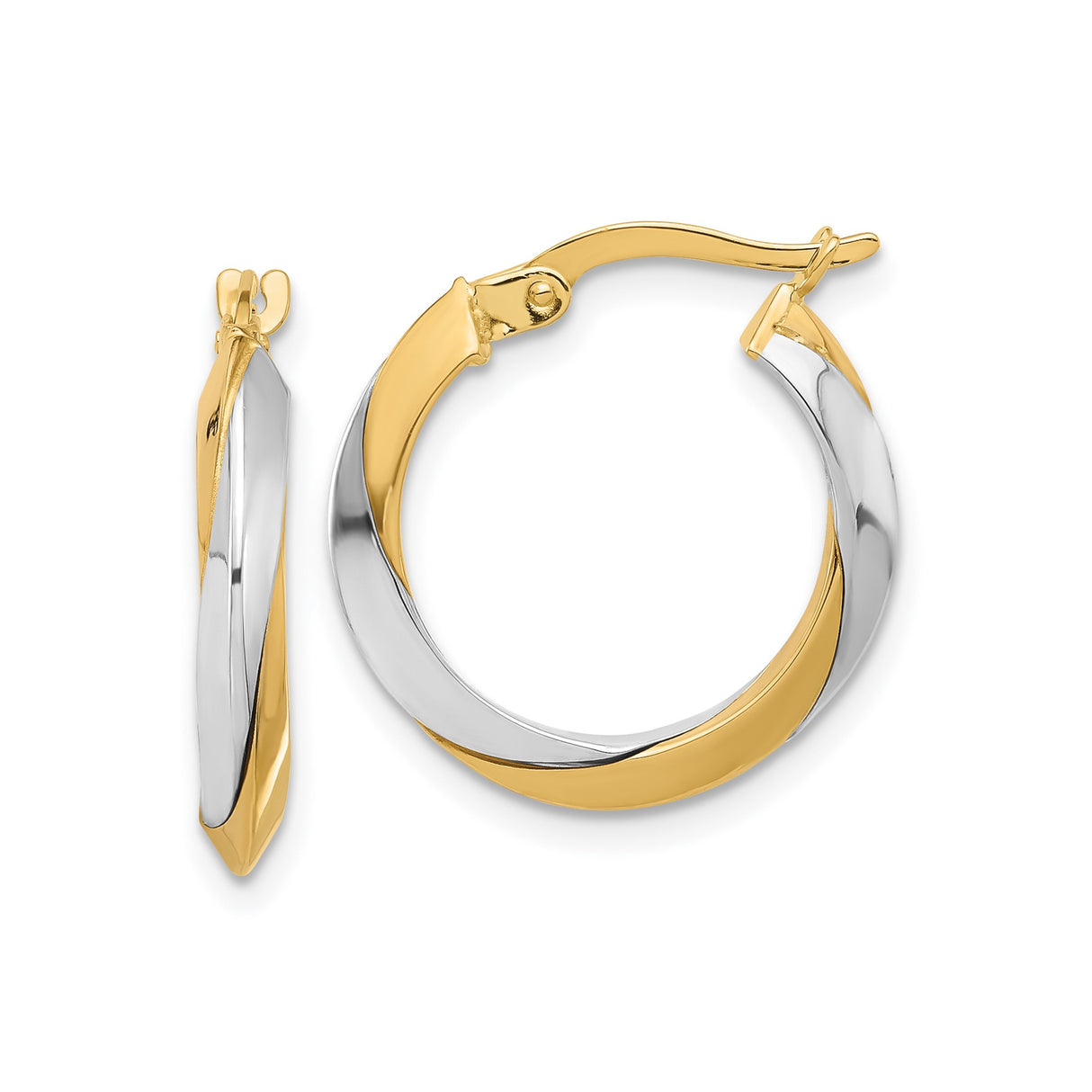 14k Yellow Gold Two Tone Hoop Earrings with Twisted Design, Lightweight Polished Style for Women