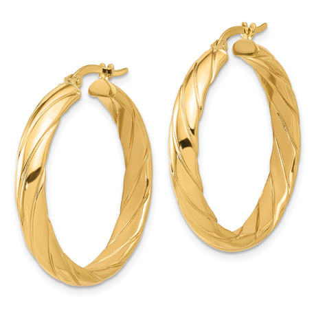 14k Yellow Gold Hoop Earrings with Polished Twist Design, Medium Size Textured Hoops