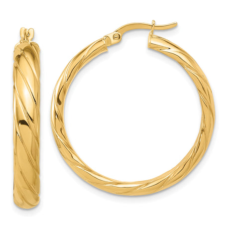 14k Yellow Gold Hoop Earrings with Polished Twist Design, Medium Size Textured Hoops