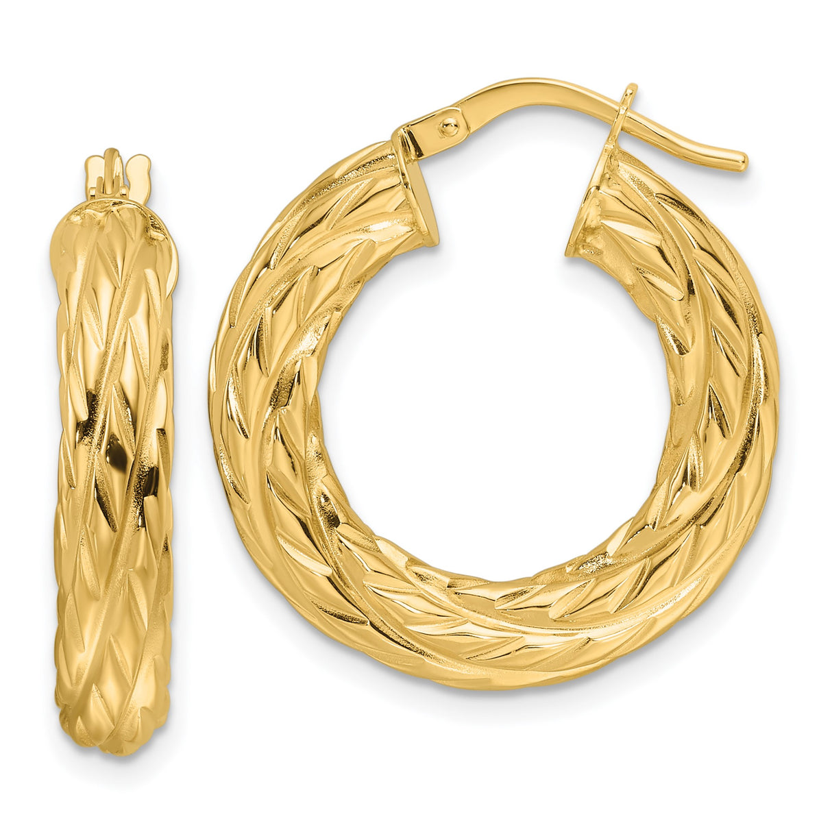 14k Yellow Gold Hoop Earrings with Braided Rope Texture and Polished Finish