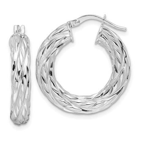 Sterling Silver Hoop Earrings with Braided Twist Design and Woven Texture for Women