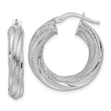 14k White Gold Twisted Hoop Earrings, Diamond Cut Finish, Braided Design, Lightweight Jewelry