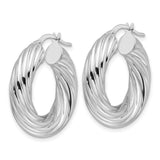 White Gold Twisted Hoop Earrings, Polished Round Hoops with Textured Finish