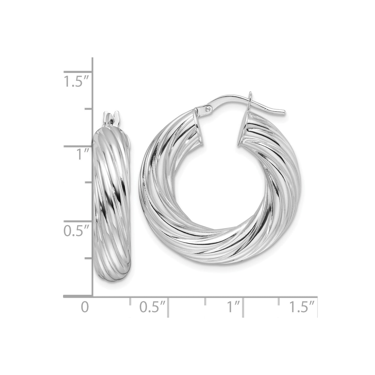 White Gold Twisted Hoop Earrings, Polished Round Hoops with Textured Finish