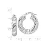 White Gold Twisted Hoop Earrings, Polished Round Hoops with Textured Finish