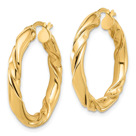 14k Yellow Gold Twisted Hoop Earrings, Medium Spiral Polished Hoops, Lightweight Classic Design
