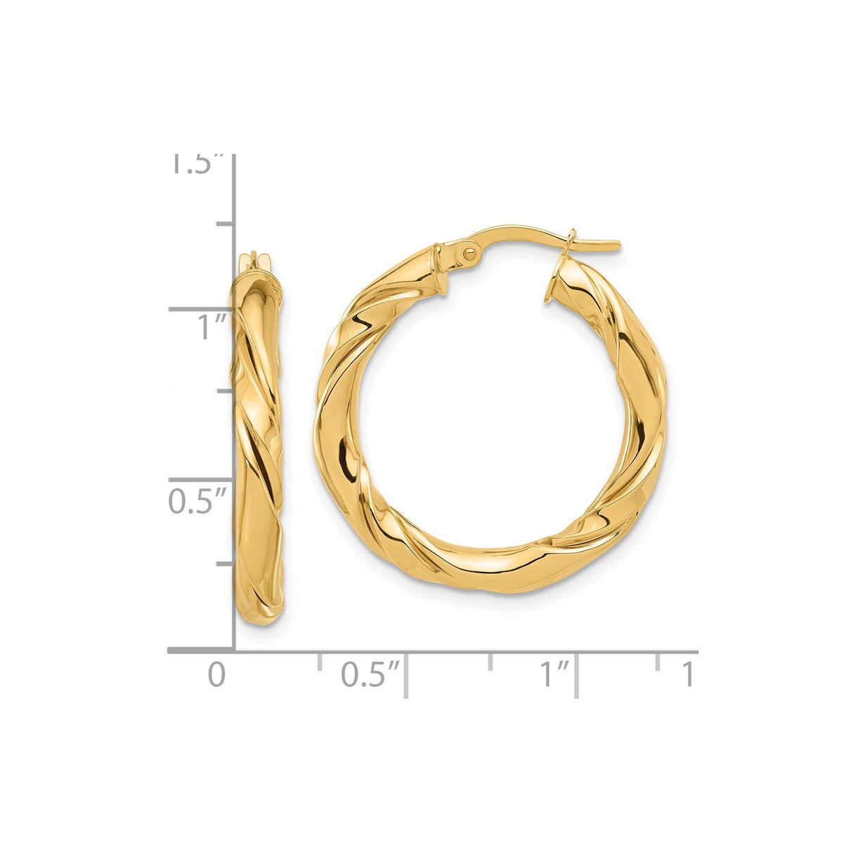 14k Yellow Gold Twisted Hoop Earrings, Medium Spiral Polished Hoops, Lightweight Classic Design