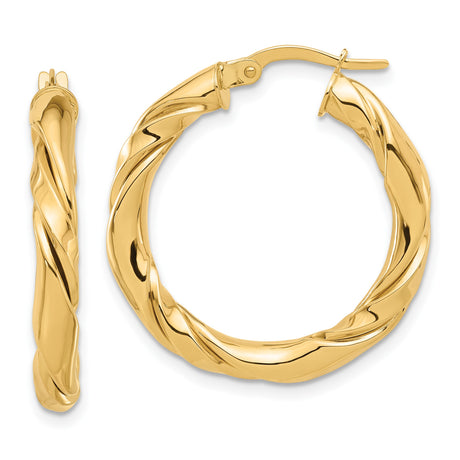 14k Yellow Gold Twisted Hoop Earrings, Medium Spiral Polished Hoops, Lightweight Classic Design