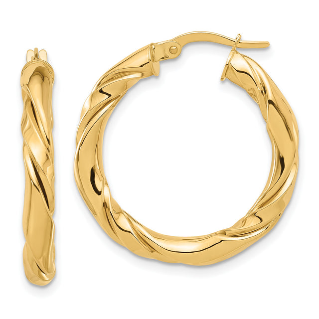 14k Yellow Gold Twisted Hoop Earrings, Medium Spiral Polished Hoops, Lightweight Classic Design