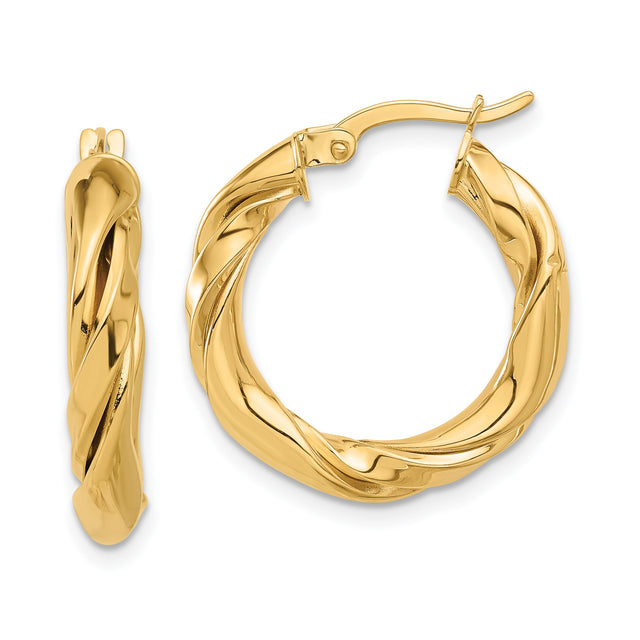 14k Yellow Gold Hoop Earrings, Twisted Braided Polished Design for Women