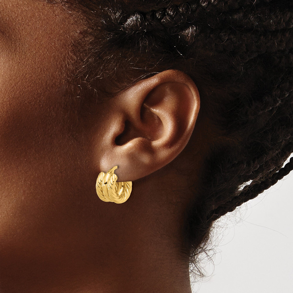 14k Yellow Gold Twisted Hoop Earrings with Polished and Textured Rope Design for Women