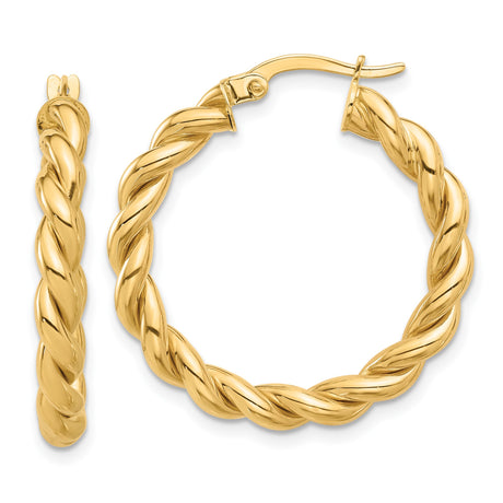 14k Yellow Gold Hoop Earrings with Twisted Braided Rope Design and Polished Finish