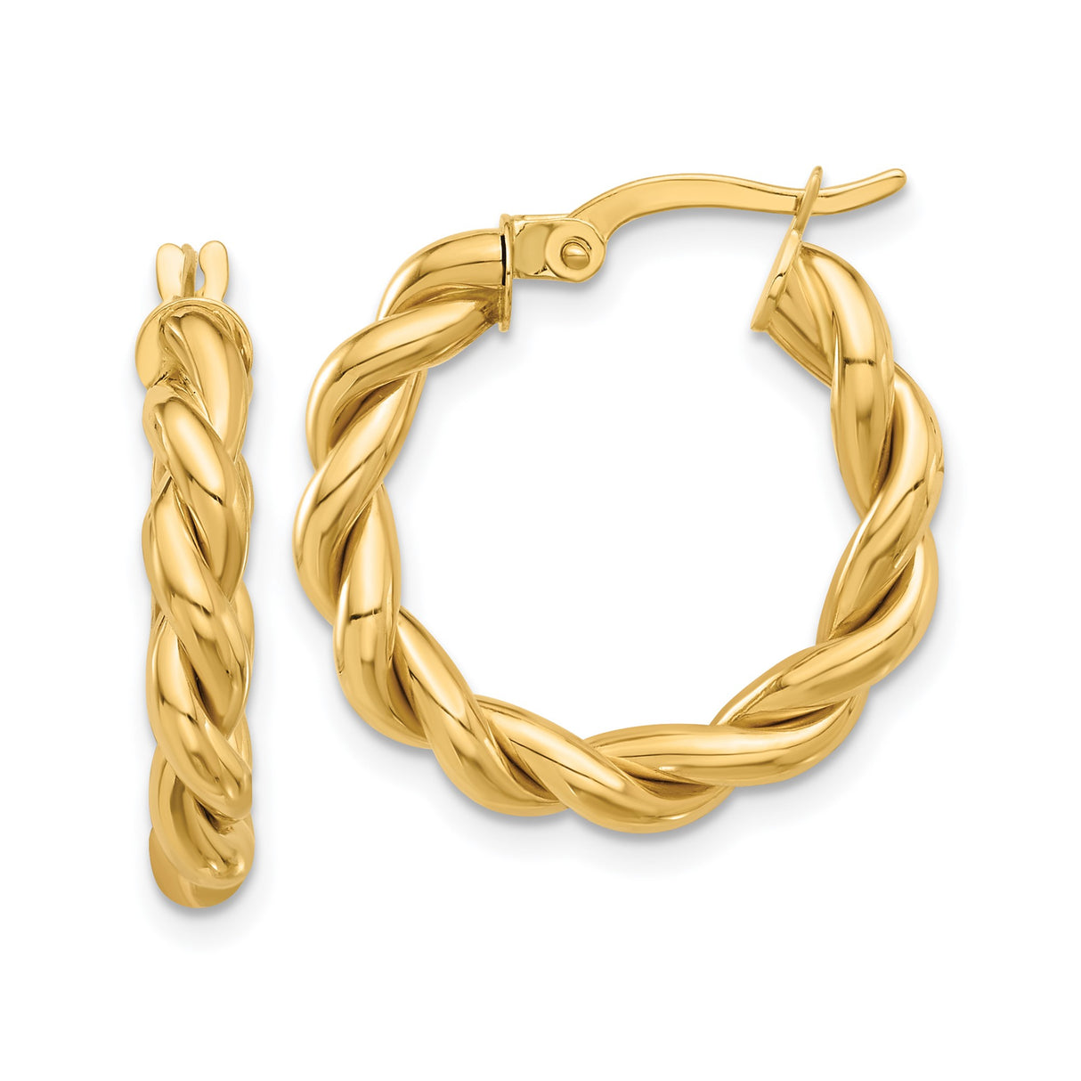 14k Yellow Gold Hoop Earrings with Polished Twisted Braided Rope Design for Women