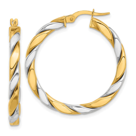 14k Yellow Gold Twisted Hoop Earrings, Two-Tone Swirl Design, Polished Lightweight Style for Women