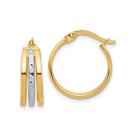 14k Two-Tone Gold Hoop Earrings with Textured White Stripe and Polished Yellow Edges