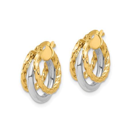 14k Two Tone Gold Hoop Earrings with Twisted Yellow Rope Design Over White Gold Base