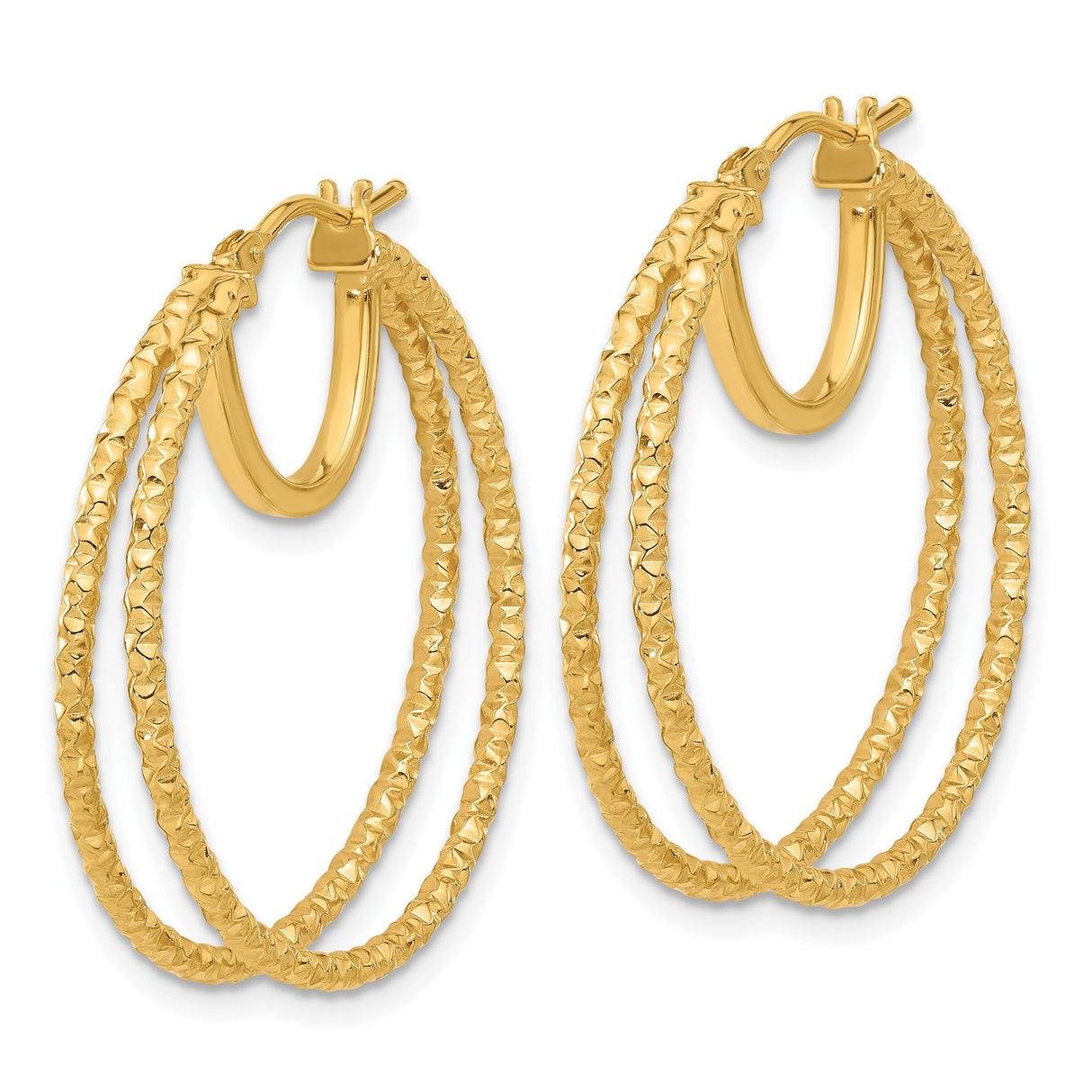 14k Yellow Gold Hoop Earrings, Textured Diamond-Cut Round Design for Women