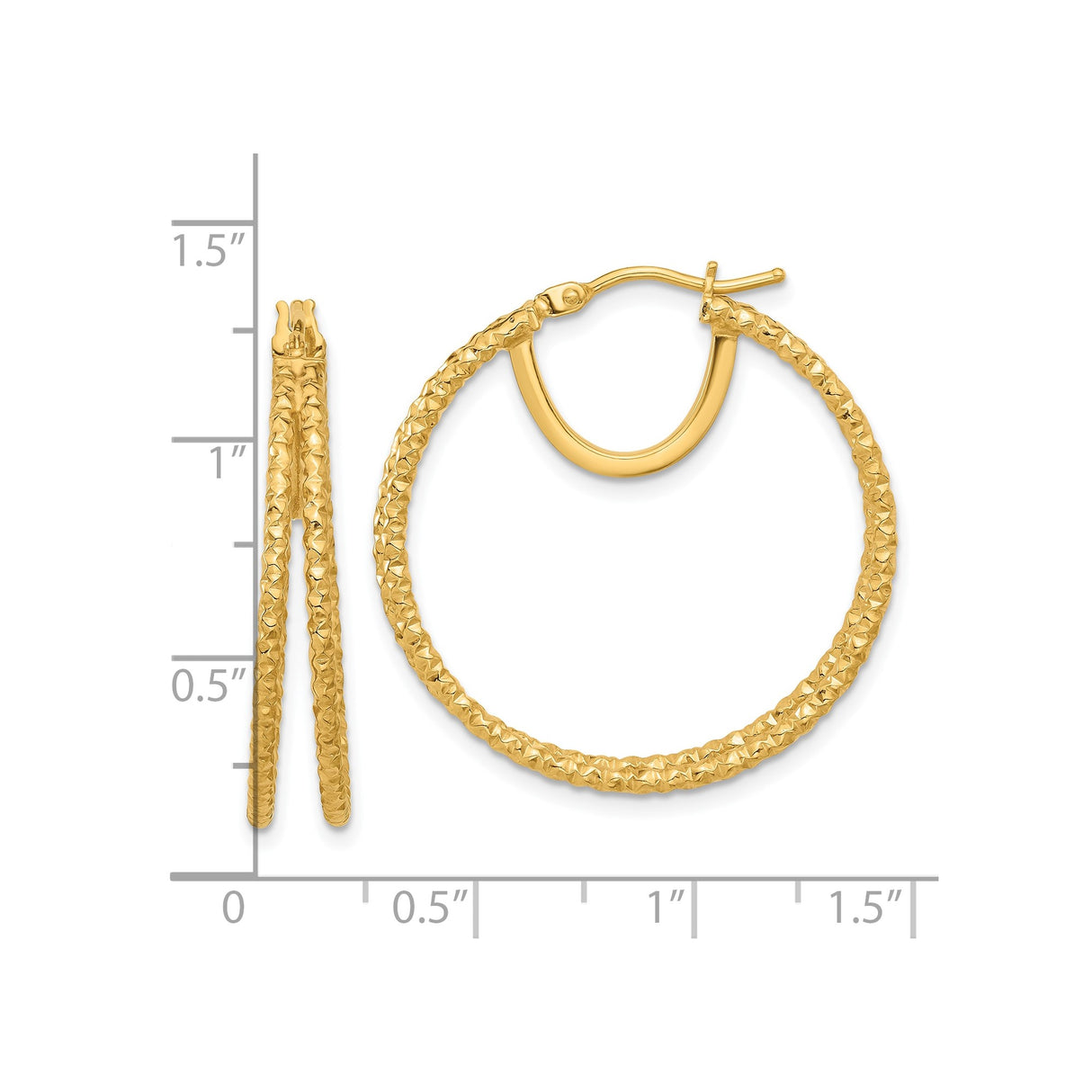 14k Yellow Gold Hoop Earrings, Textured Diamond-Cut Round Design for Women