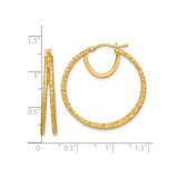14k Yellow Gold Hoop Earrings, Textured Diamond-Cut Round Design for Women