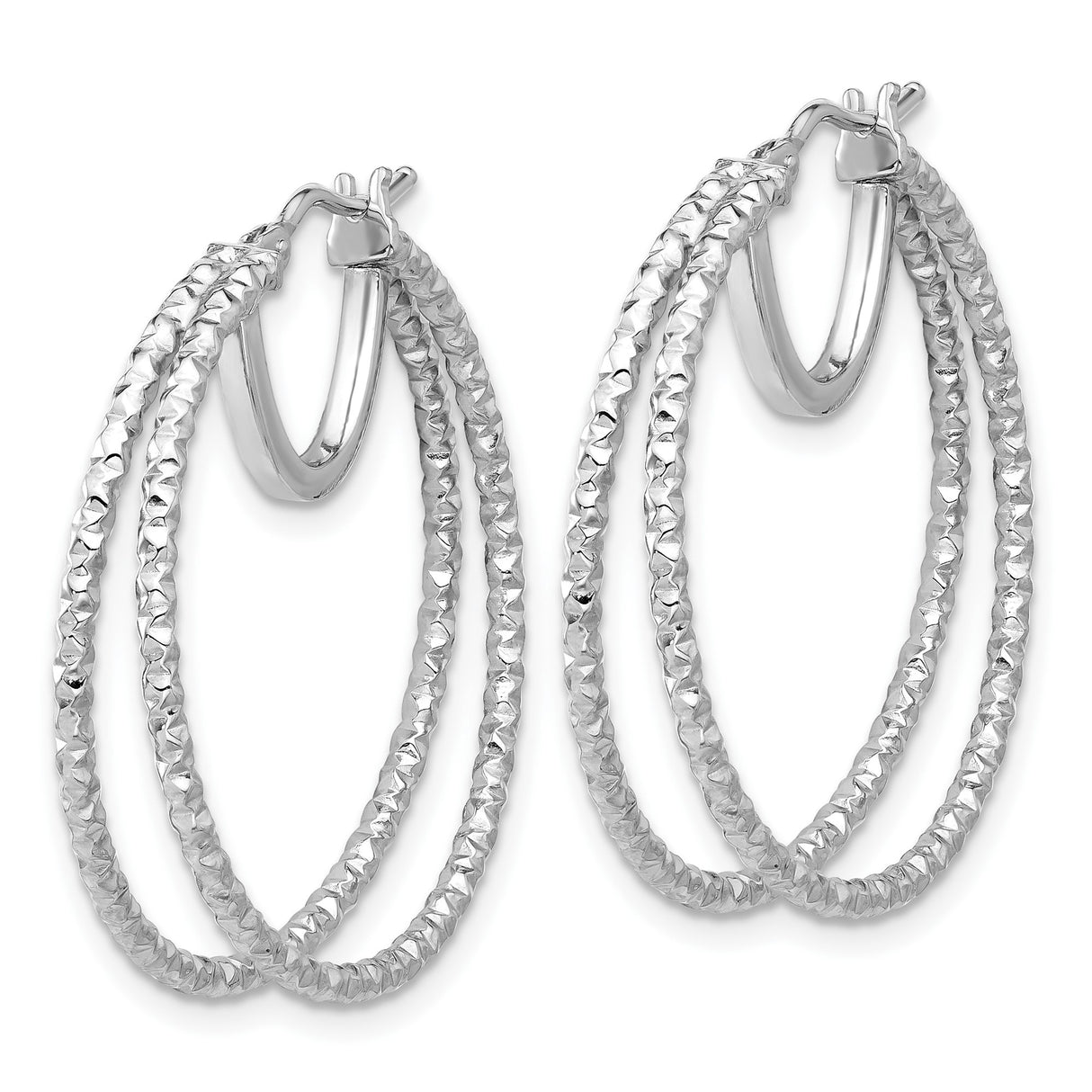 14k White Gold Hoop Earrings, Textured Diamond Cut Design, Lightweight Polished Finish