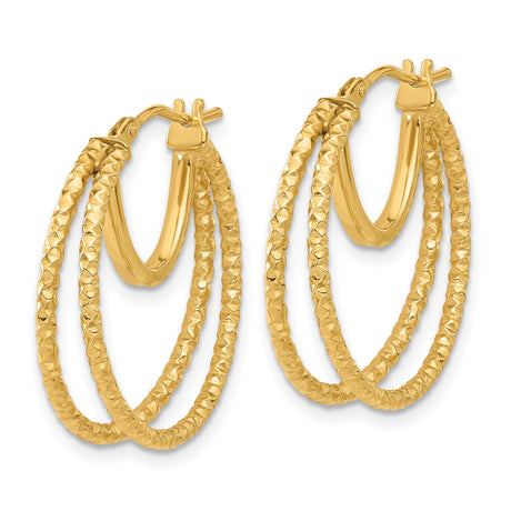 14k Yellow Gold Hoop Earrings, Textured Diamond Cut Finish, Lightweight Classic Style for Women