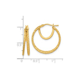 14k Yellow Gold Hoop Earrings, Textured Diamond Cut Finish, Lightweight Classic Style for Women