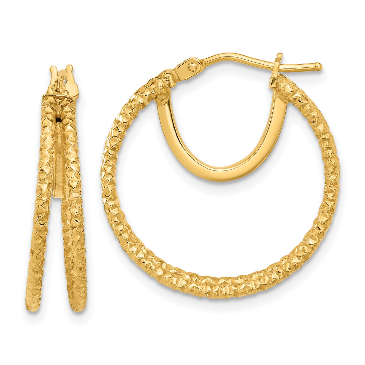14k Yellow Gold Hoop Earrings, Textured Diamond Cut Finish, Lightweight Classic Style for Women