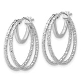 14k White Gold Hoop Earrings, Textured Twisted Diamond Cut Medium Size, Polished Finish