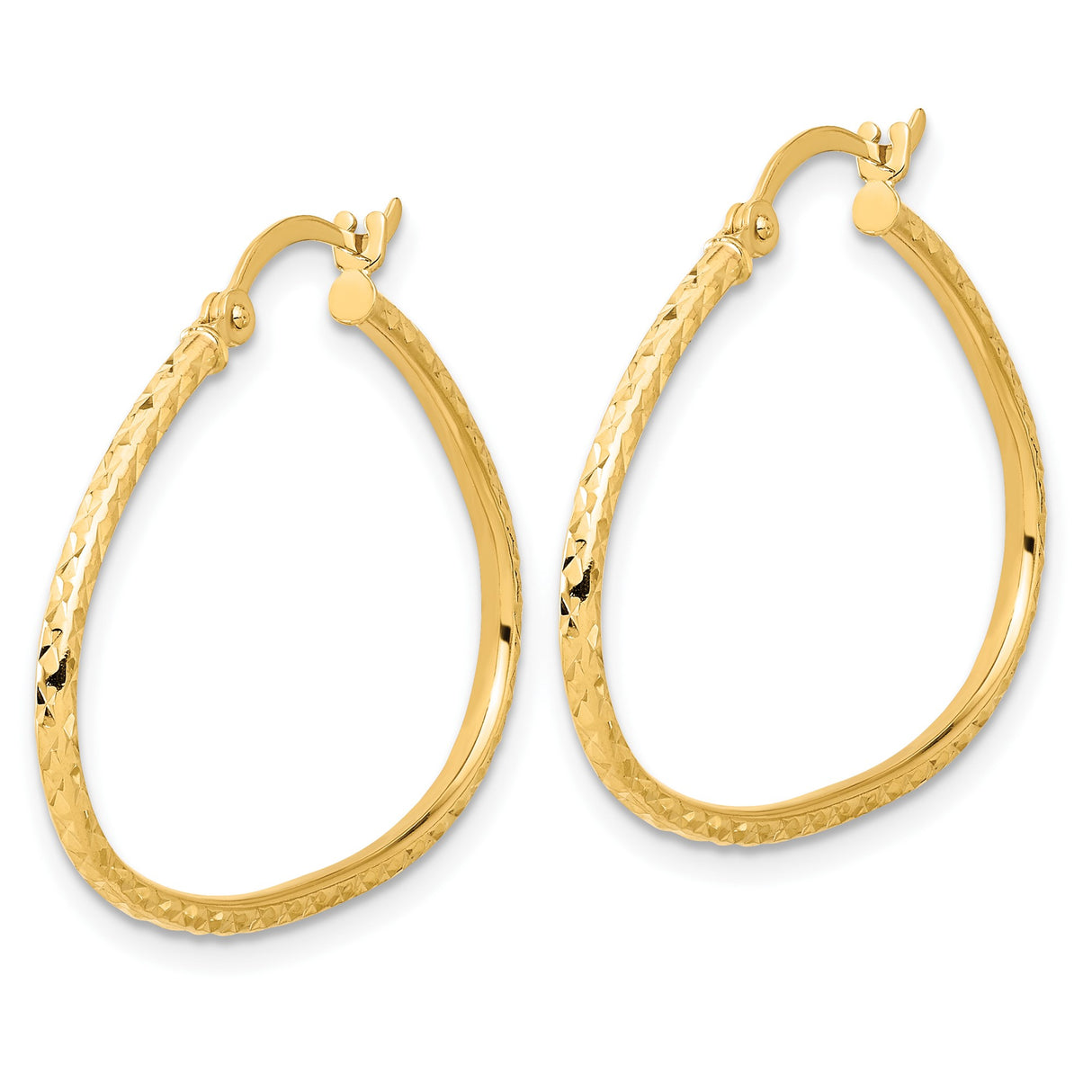 14k Yellow Gold Hoop Earrings, Textured Diamond Cut Oval Polished Lightweight Design