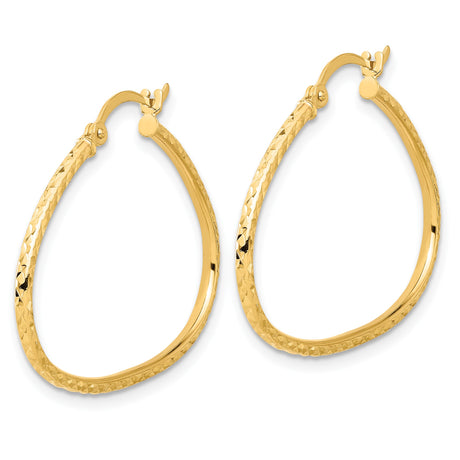 14k Yellow Gold Hoop Earrings, Textured Diamond Cut Oval Polished Lightweight Design
