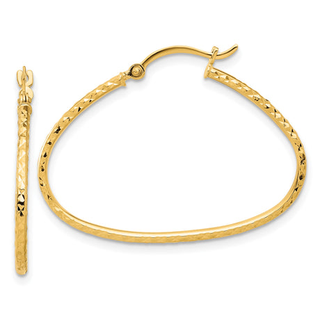 14k Yellow Gold Hoop Earrings, Textured Diamond Cut Oval Polished Lightweight Design