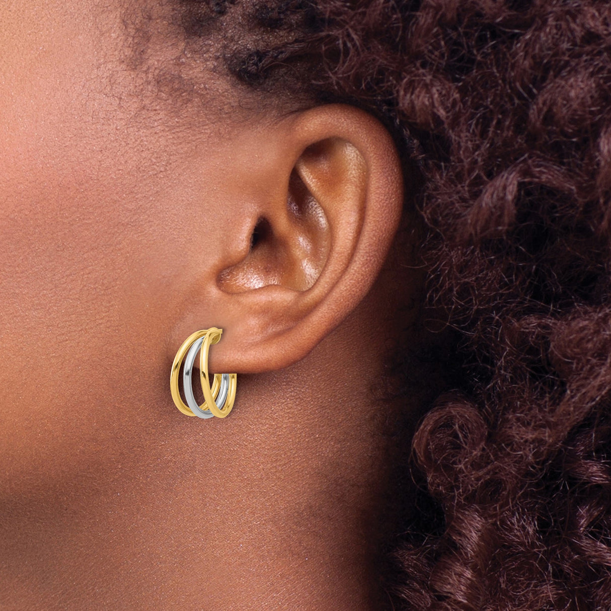 14k Yellow Gold Hoop Earrings, Two-Tone Layered Triple Band Design, Modern Minimalist Style