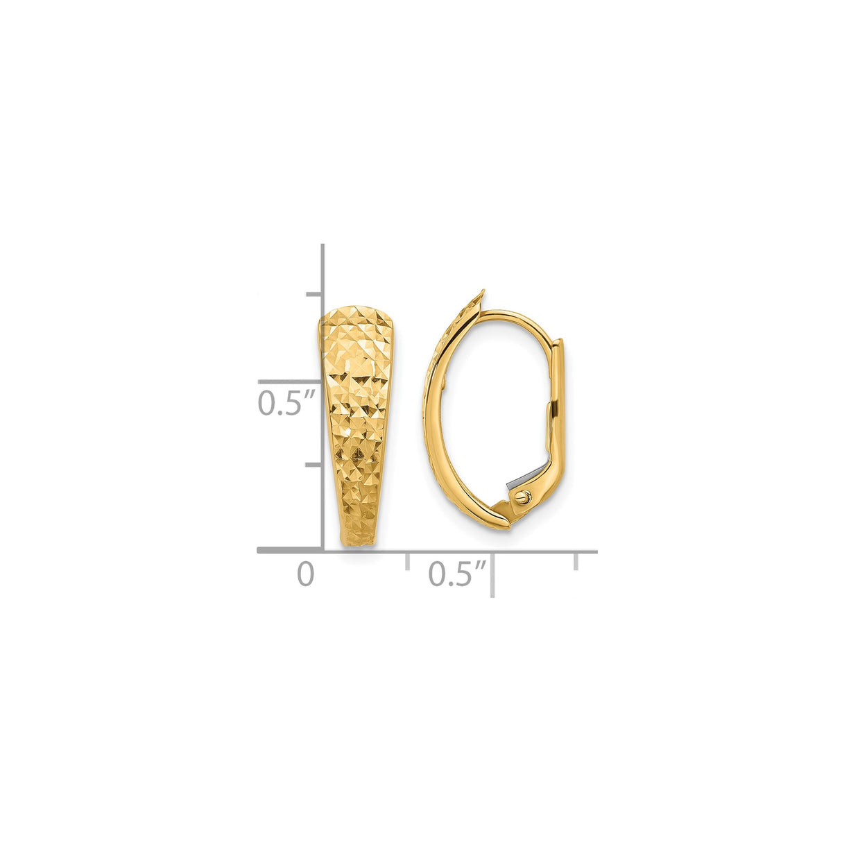 14k Yellow Gold Hoop Earrings, Textured Diamond Cut Leverback Design for Women