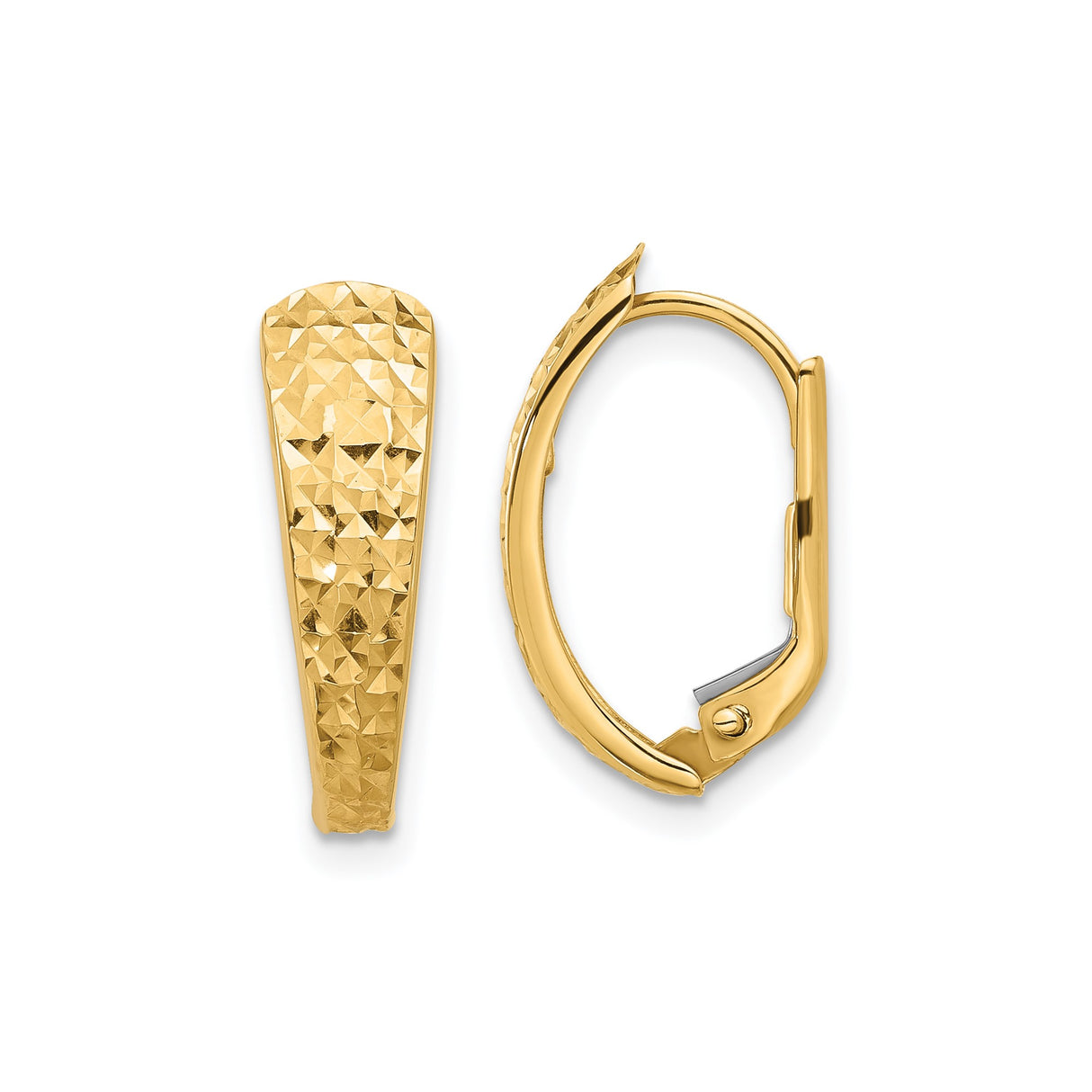 14k Yellow Gold Hoop Earrings, Textured Diamond Cut Leverback Design for Women