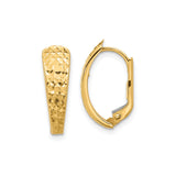 14k Yellow Gold Hoop Earrings, Textured Diamond Cut Leverback Design for Women