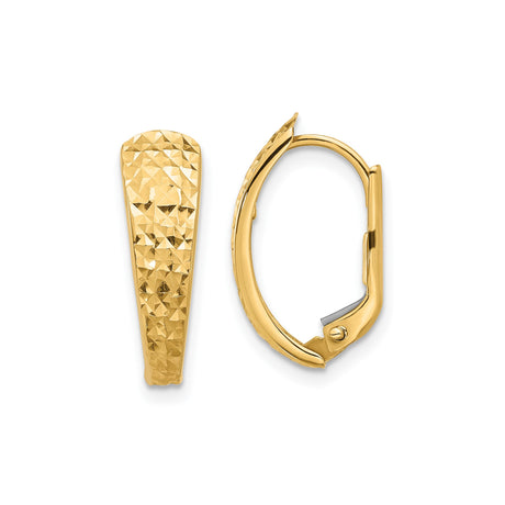 14k Yellow Gold Hoop Earrings, Textured Diamond Cut Leverback Design for Women