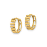 14k Yellow Gold Hoop Earrings with Cubic Zirconia, Ribbed Design, Lightweight Polished Style