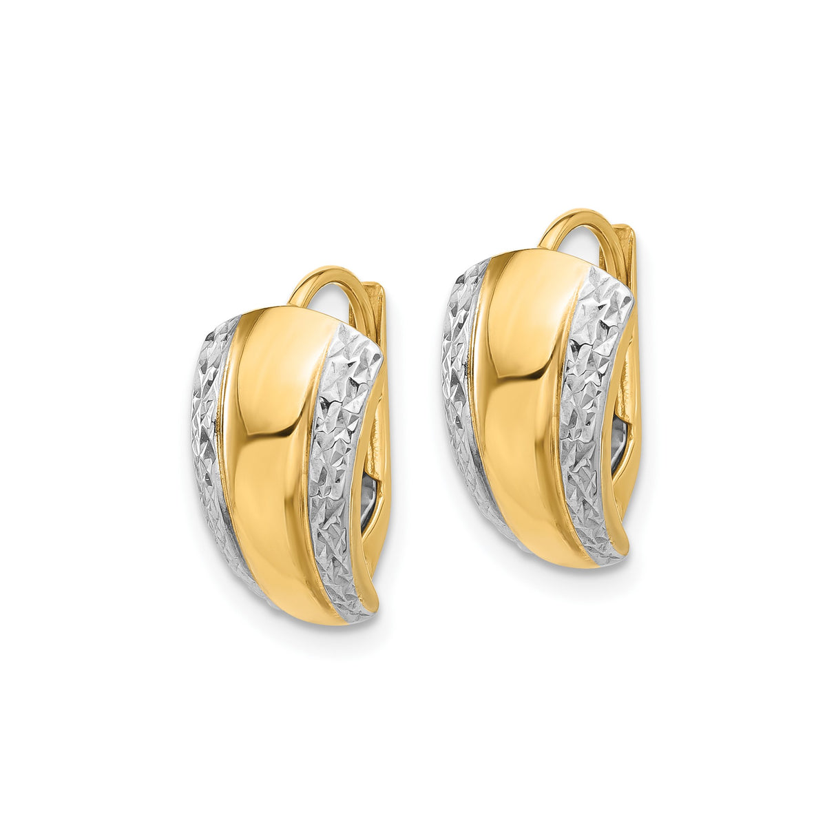 14k Yellow Gold Hoop Earrings, Two-Tone Rhodium Diamond Cut Textured Design, Leverback Style