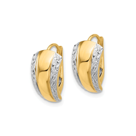 14k Yellow Gold Hoop Earrings, Two-Tone Rhodium Diamond Cut Textured Design, Leverback Style